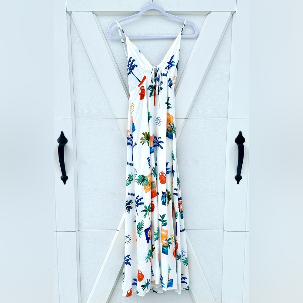Women’s White Maxi Dress with Tropical Print